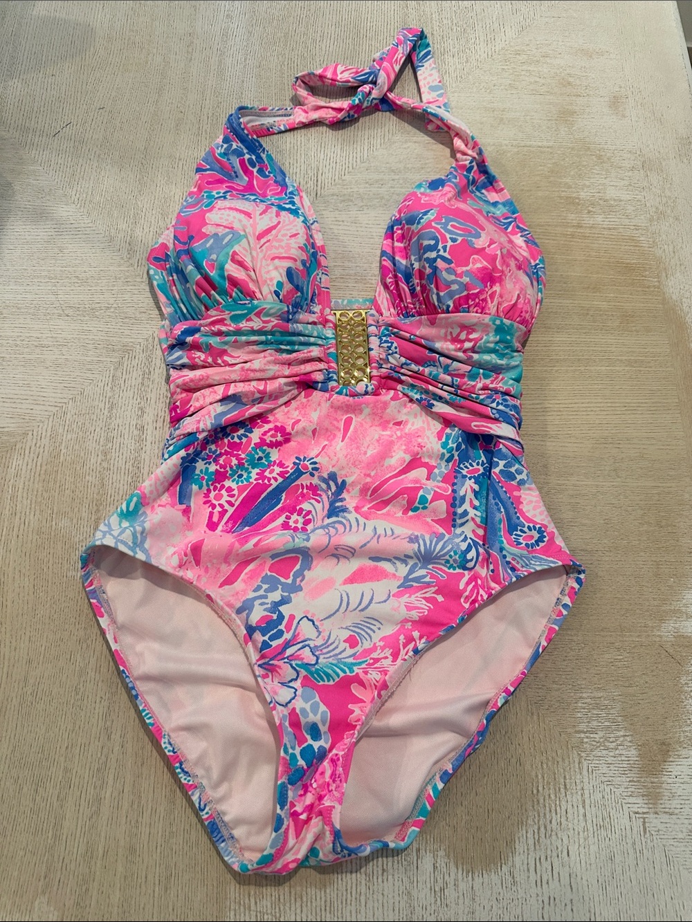 Lilly Pulitzer Pink & Aqua Halter One-Piece Swimsuit with Gold Accent